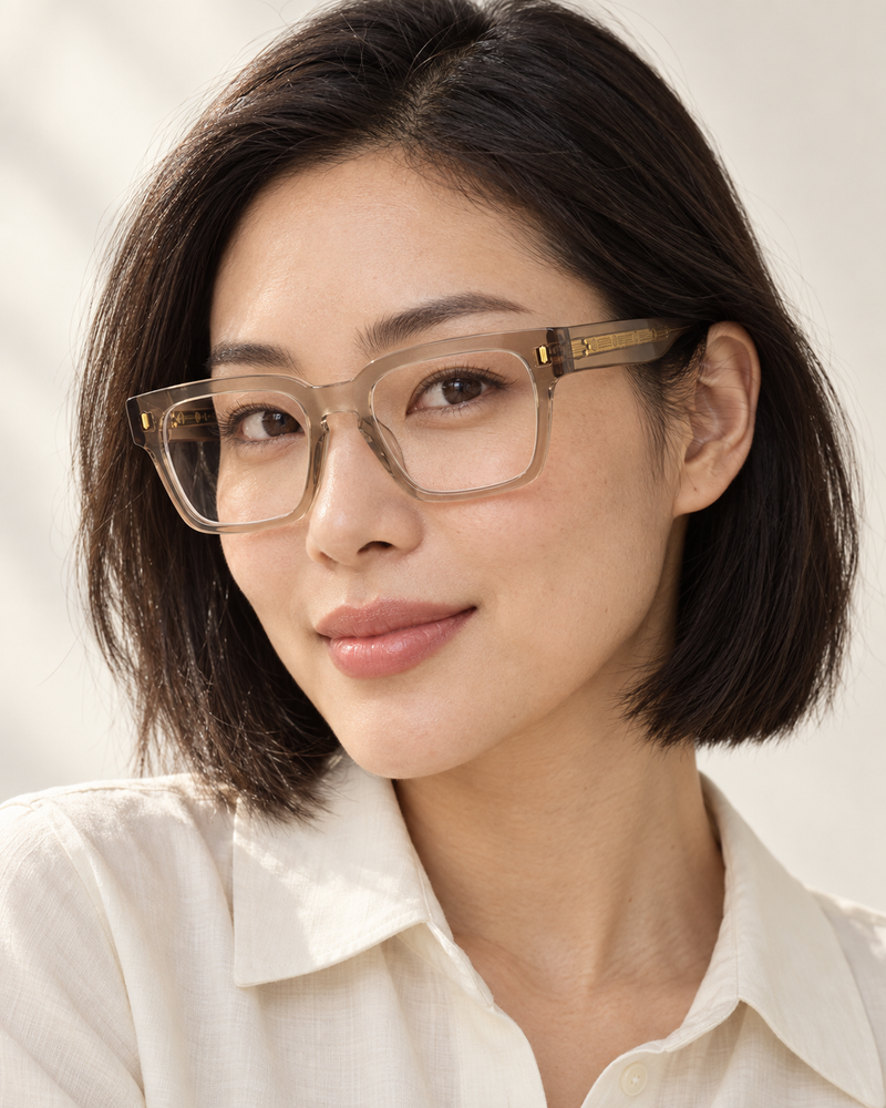 Riley frame in Taupe Barley Crystal worn by a woman