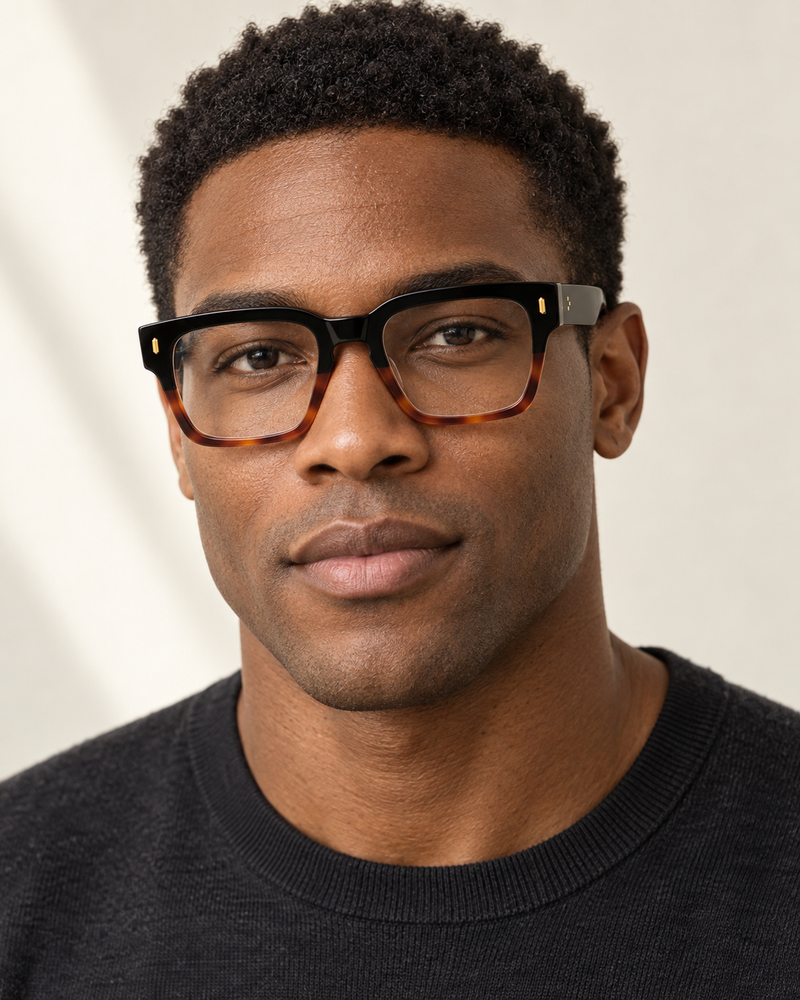 Riley frame in Jet Black Tortoiseshell Split worn by a man