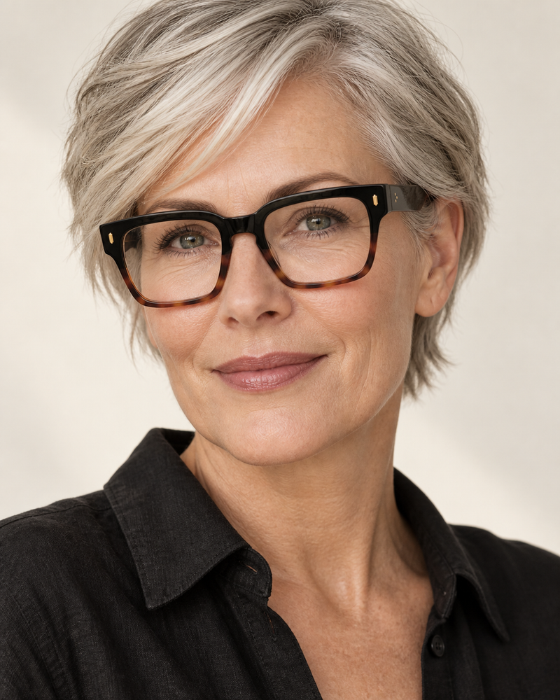 Riley frame in Jet Black Tortoiseshell Split worn by a silver-haired woman